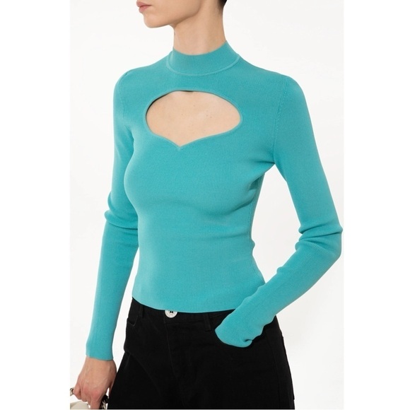 STAUD 90s Turquoise Rib Knit Mockneck Heart Cutout Long Sleeve Slim Fit Top XS - Picture 8 of 12
